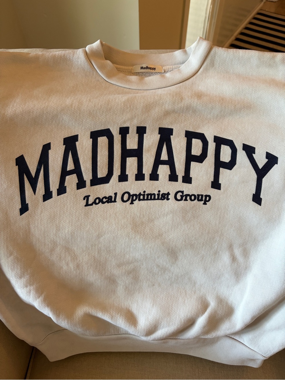 Madhappy White Crewneck with Navy Arch Logo